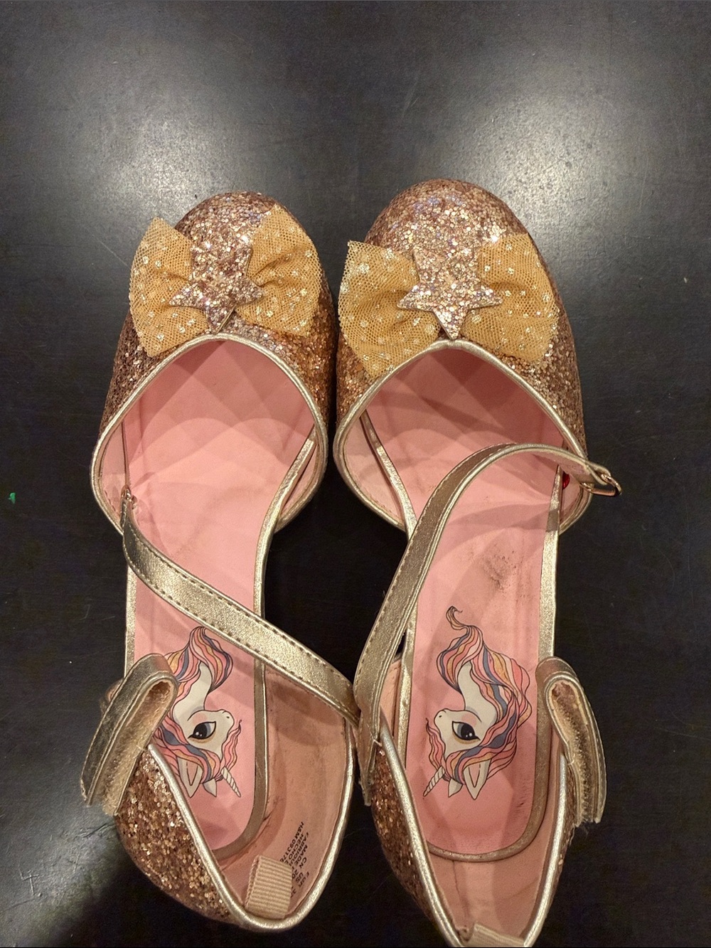 Girls' Glitter Bow Star Ankle-Strap Flats in Gold